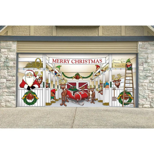 Décoration de porte de garage de Noël en forme de grange de rennes du Père Noël, 7 pi x 16 pi, pour garage double 