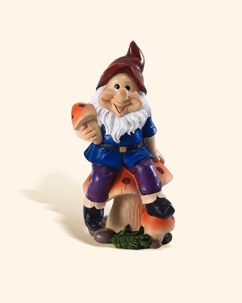 Statue de Gnome heureux en polyrésine sur champignon