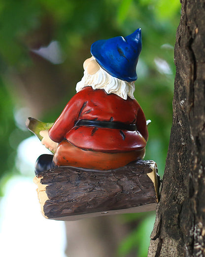 Mangeoire à oiseaux suspendue pour nain de jardin avec chapeau bleu joyeux