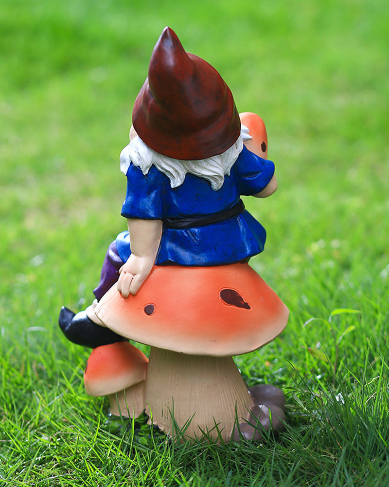 Statue de Gnome heureux en polyrésine sur champignon