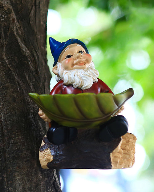 Mangeoire à oiseaux suspendue pour nain de jardin avec chapeau bleu joyeux