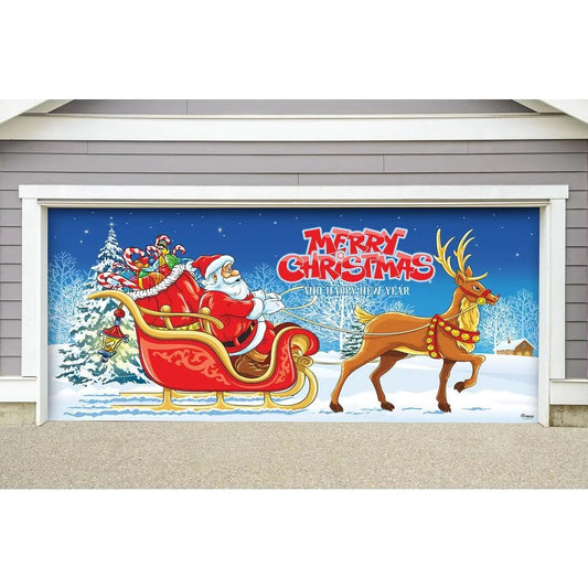 Décoration de porte de garage de Noël en traîneau du Père Noël, 7 pi x 16 pi, pour garage double 