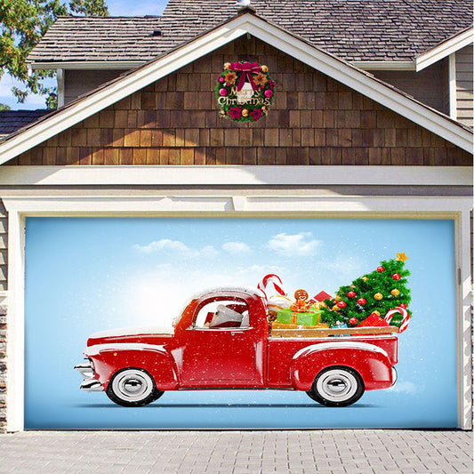 Décoration de porte de garage de Noël en camion rouge pour garage simple 